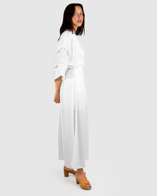 SIde View white women's maxi dress