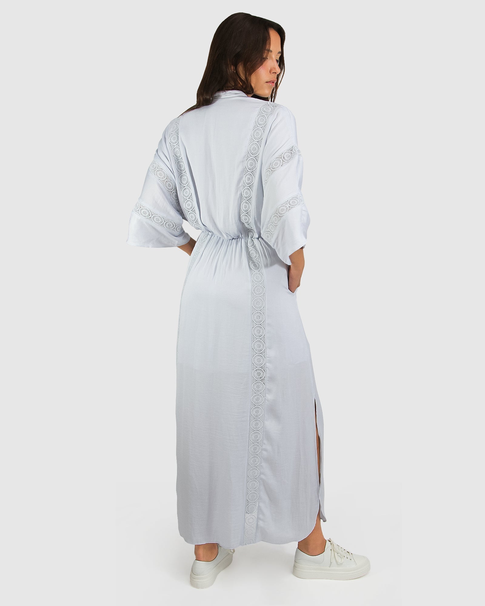 Back view light blue women's maxi dress