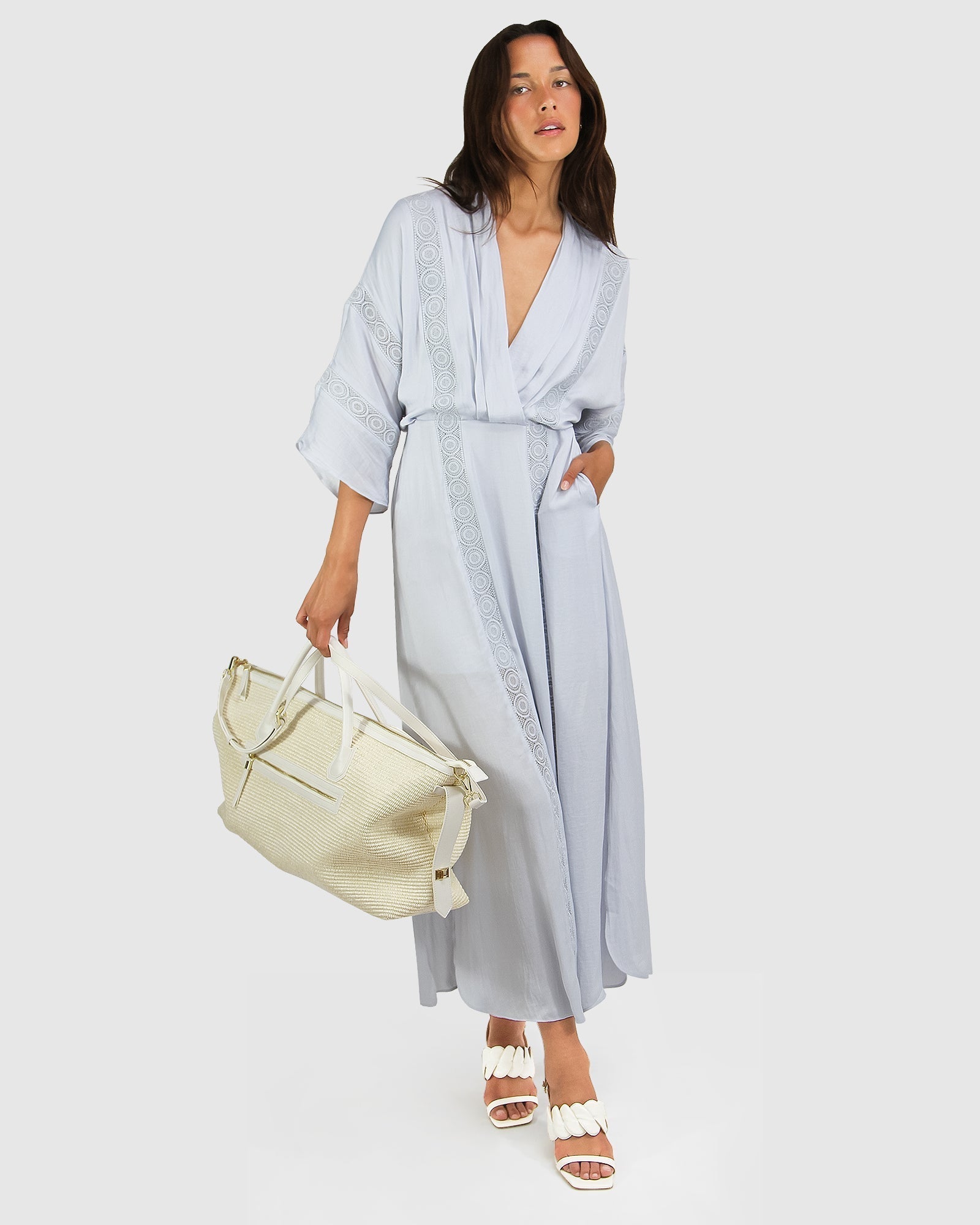 Fron view blue women's maxi dress with bag