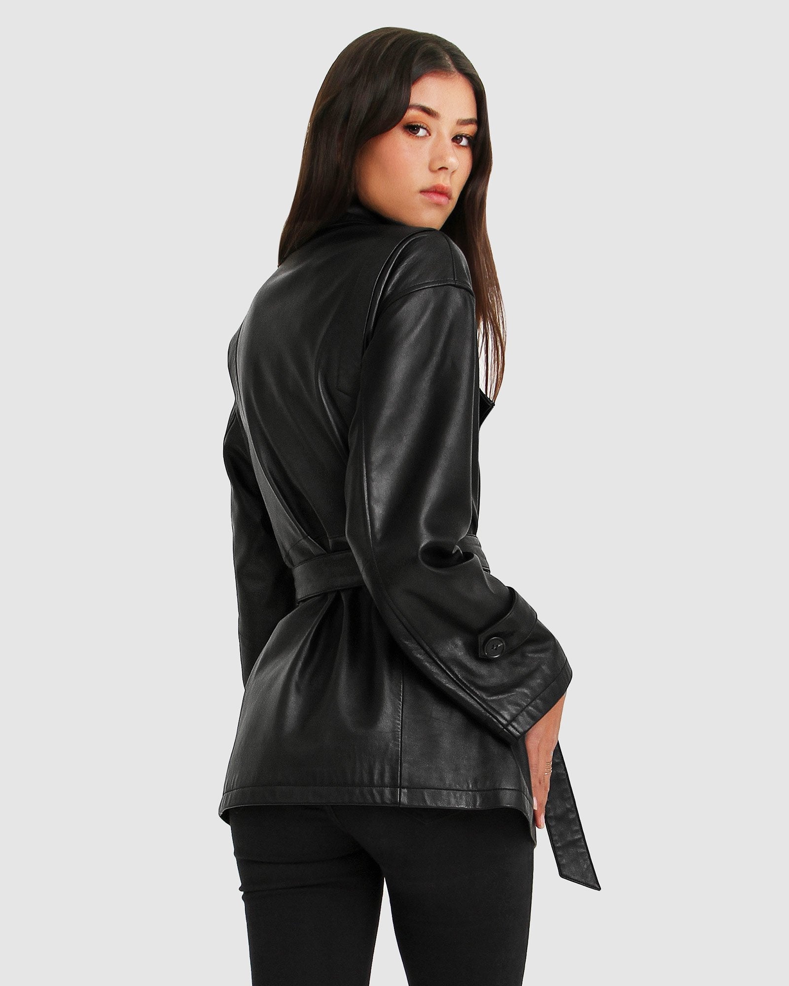 Black belted leather clearance jacket