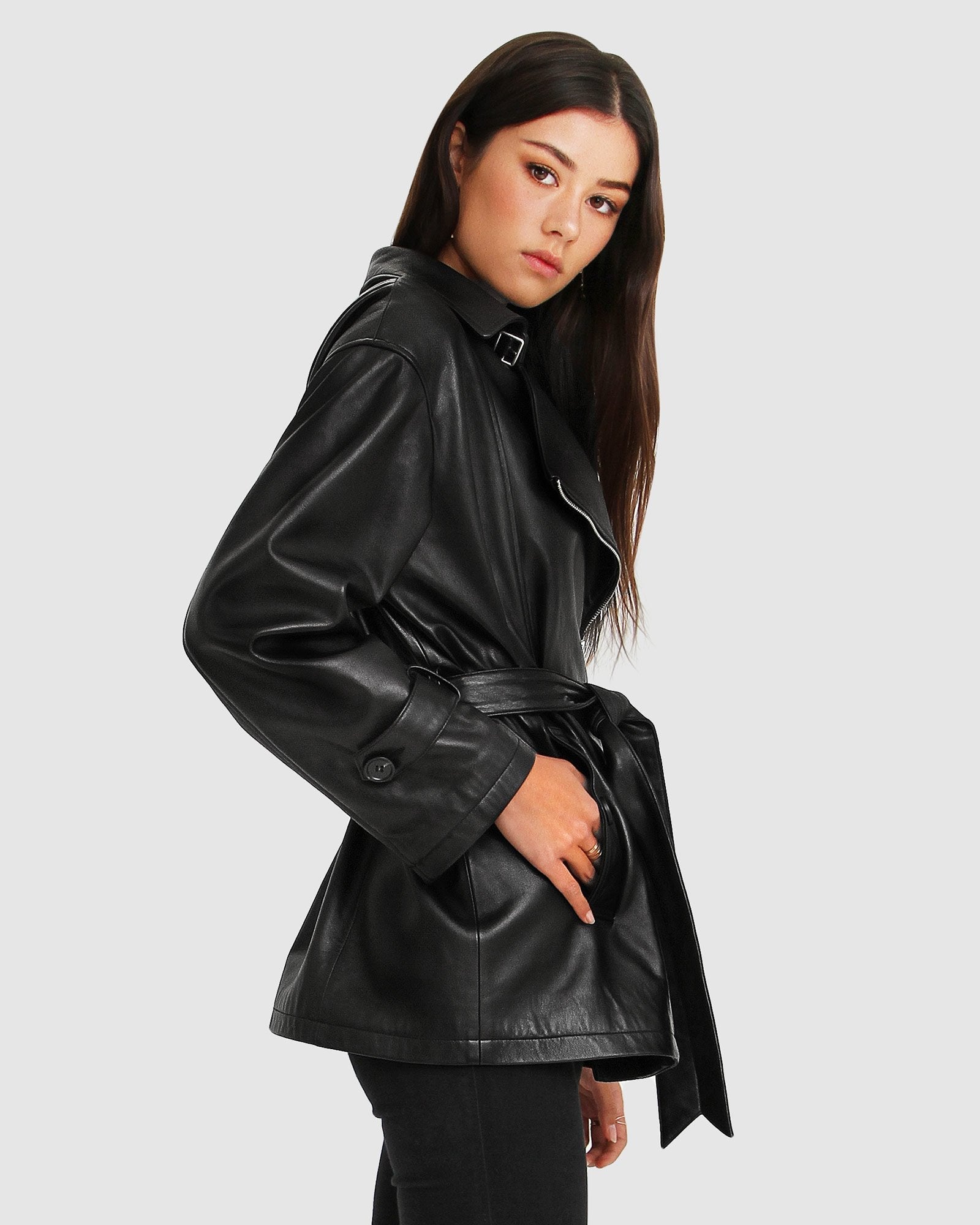 Black belted leather outlet jacket