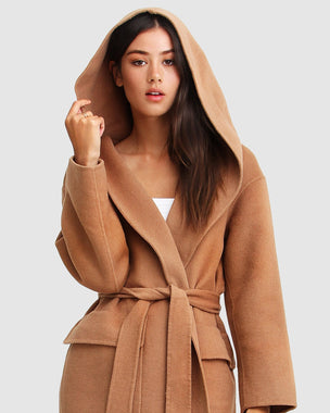 Camel Hooded Wool Blend Wrap Coat