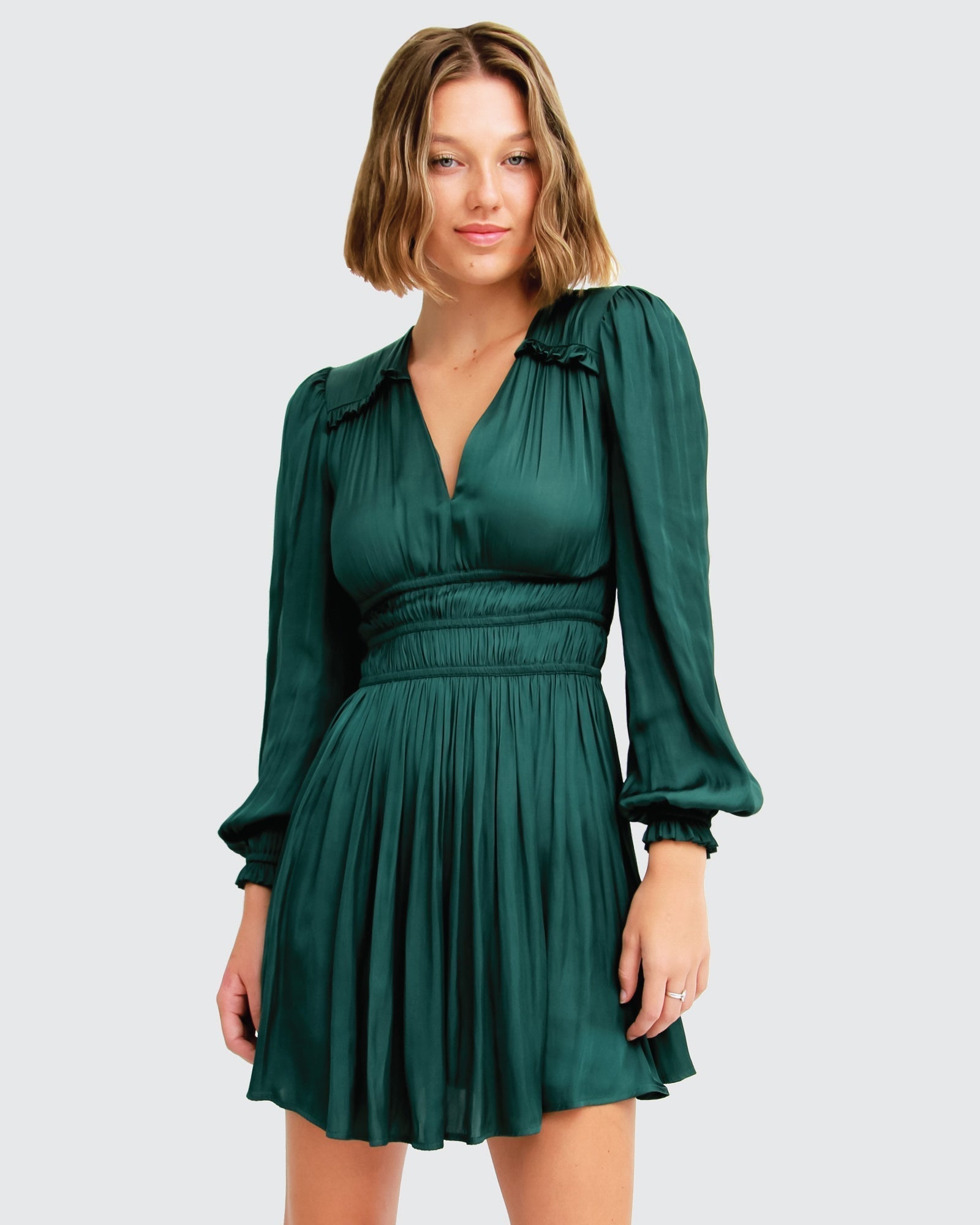 Shine Bright Ruched Mini Dress Dark Green