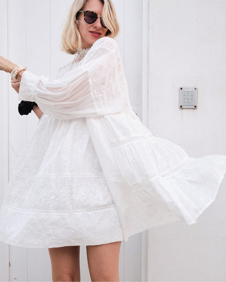Summer Bloom Balloon Sleeve Lace Overlay Mini Dress White