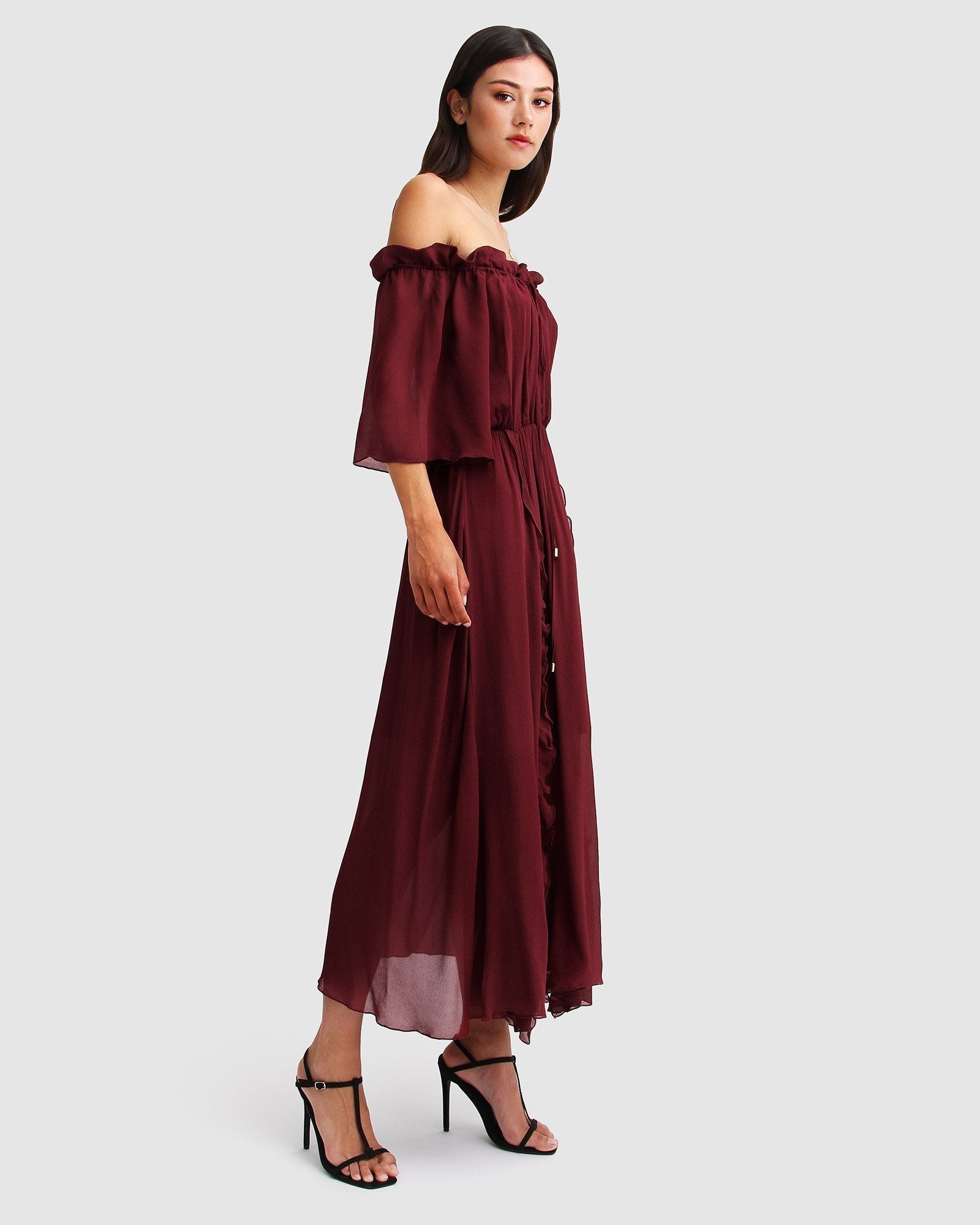 Maroon ruffle dress sale