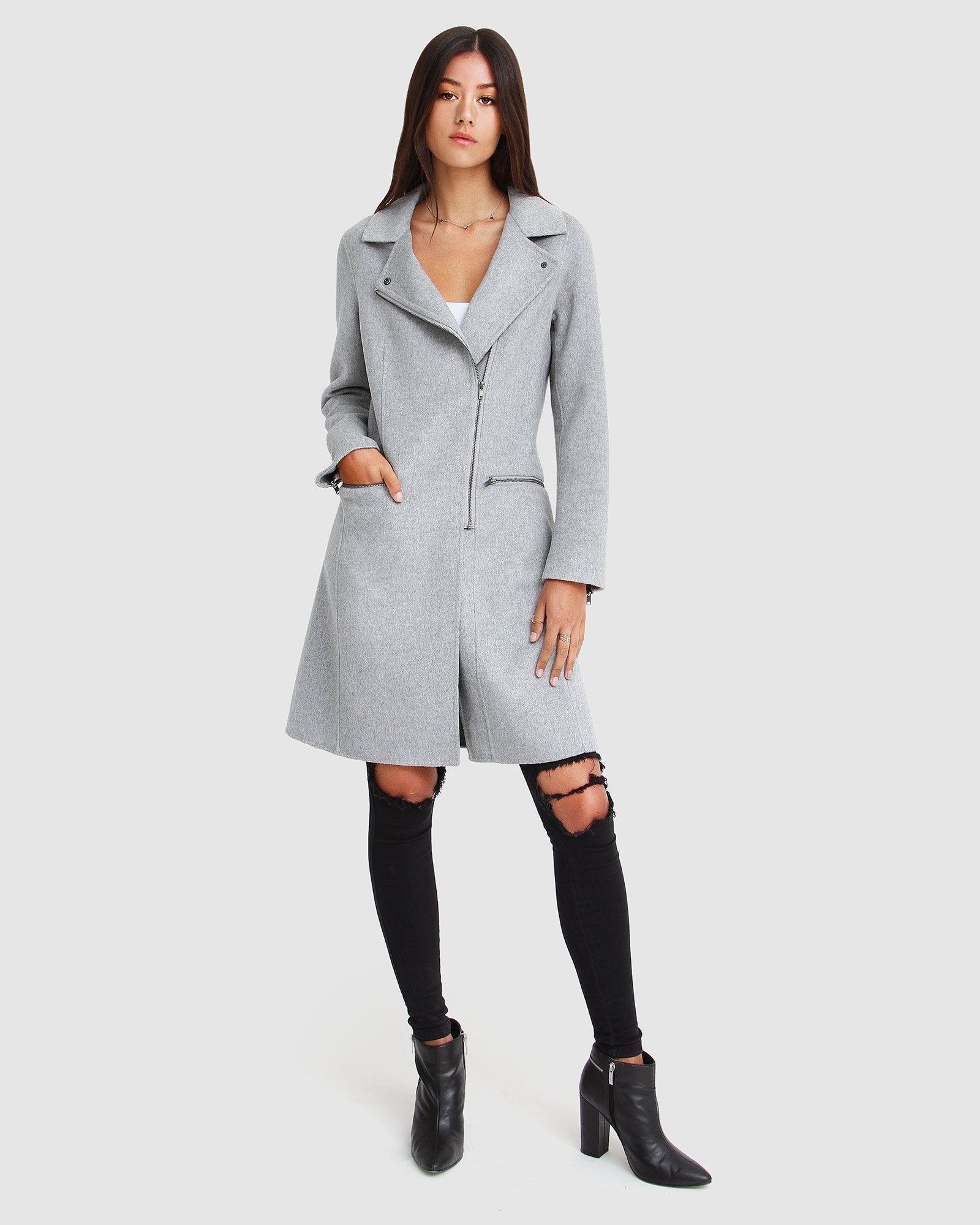 NEW FIT Last Chance Wool Blend Moto Coat Grey Marle Belle Bloom