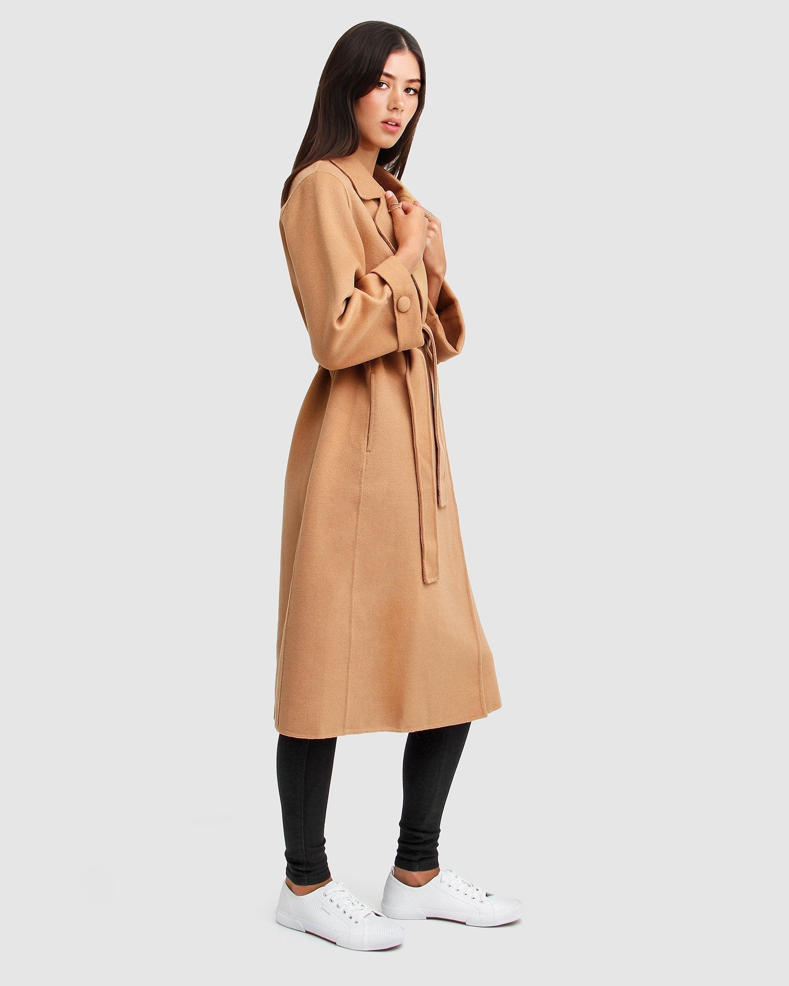 Long belted hot sale camel coat